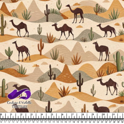 Desert Scene with Camels Cacti and Mountains Pattern