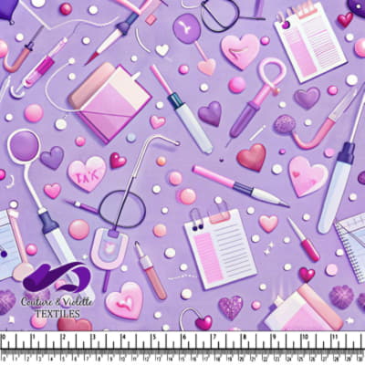 Retro Medical Instruments and Hearts Pattern on Purple Background