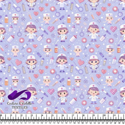 Cute Nurse and Medical Supplies on Purple Background