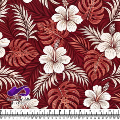 Tropical White Hibiscus and Palm Leaves on Red Background Pattern