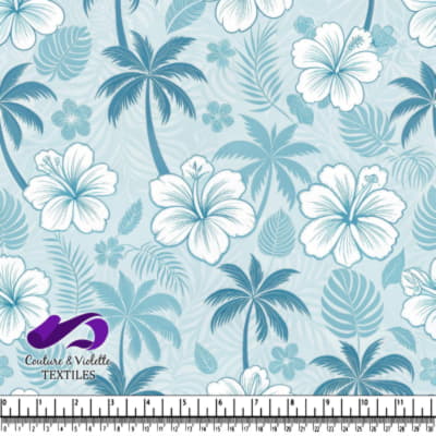 Blue Tropical Floral and Palm Leaf Pattern Textile Design