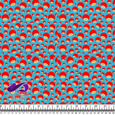 Red mushroom cartoon faces on blue background