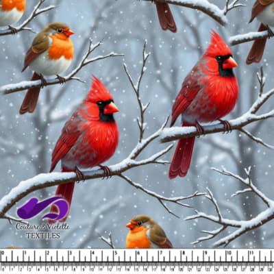Cardinals and Robins on Snowy Winter Branches
