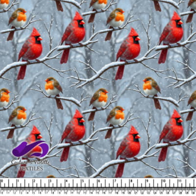 Cardinals and Robins on Snowy Winter Branches