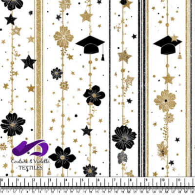 Graduation Celebration with Black and Gold Stars and Flowers Pattern
