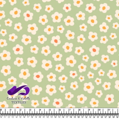 Motif floral sur fond vert avec des fleurs blanches et orange