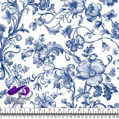 Blue and white floral vintage pattern with flowers and leaves