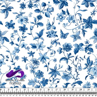 Motif floral bleu et blanc avec des papillons