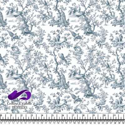 Vintage Bird and Nature Toile Fabric Pattern in Blue and White
