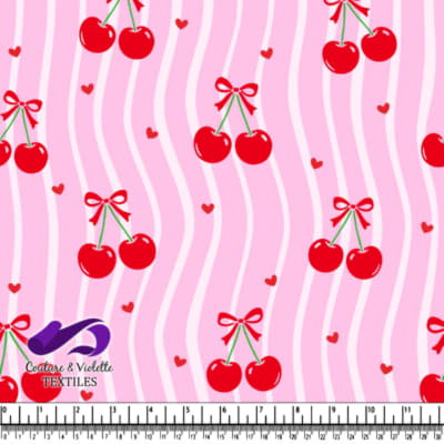 Cherries with Red Bows on Pink Wavy Striped Background Pattern