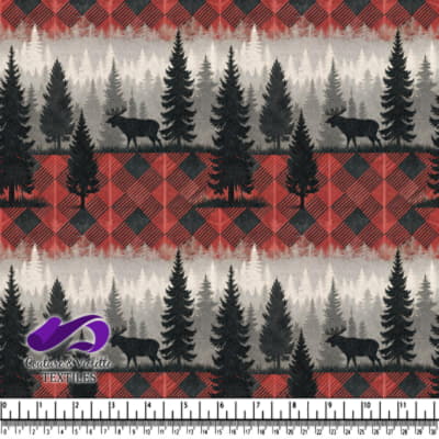 Moose in Misty Forest with Red and Black Plaid Background