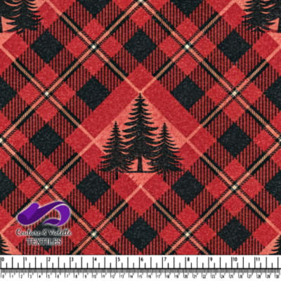 Tartan Rouge Rustique avec Silhouettes de Sapins