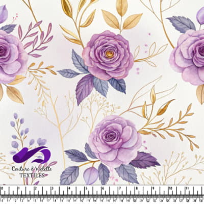 Motif de Roses Pourpres et Feuilles Dorées