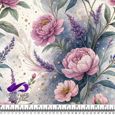 Pivoines pourpres et fleurs de lavande