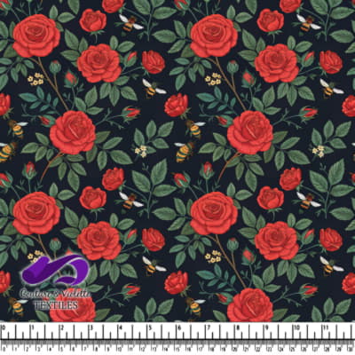 Roses Rouges et Abeilles sur Tissu Noir