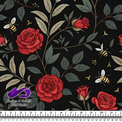Roses Rouges et Abeilles sur Fond Noir