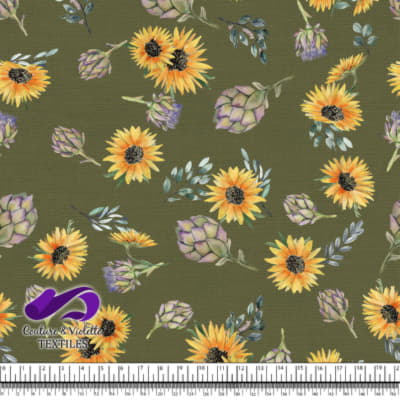 Artichaut and Sunflowers on background color olive