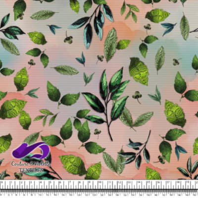 Embroidery bloom - Leaves on corail background