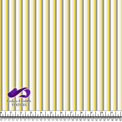 Spring Fling - Gray yellow and white vertical striped textile fabric with measuring scale